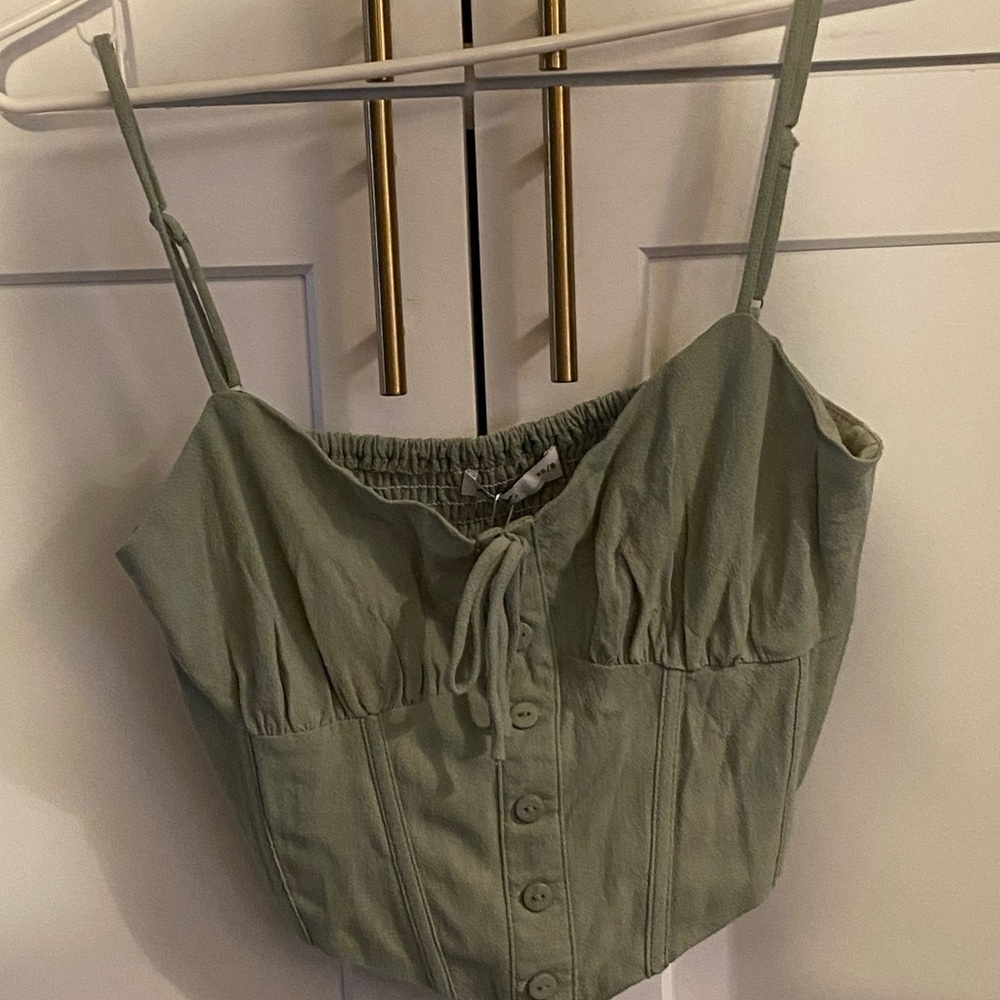 Ally Green Cami Crop Top Corset Linen casual chic coquette cottagecore milkmaid - Picture 7 of 15